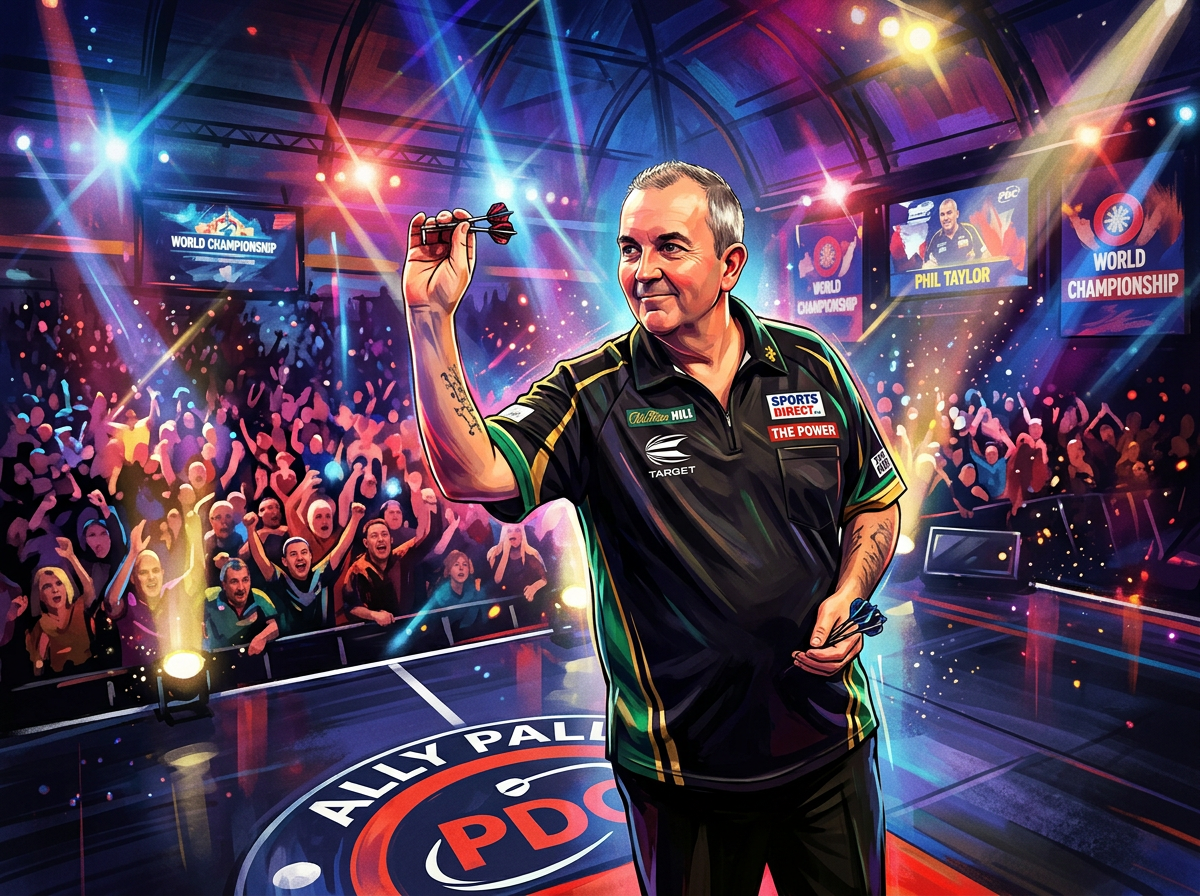 Phil Taylor throwing a dart on stage at the PDC World Championship